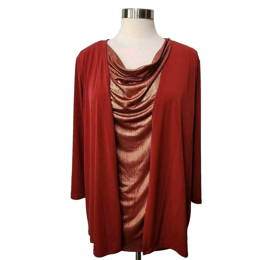 Jaclyn Smith Womens L Open Front Red Top lame' Shell Stretch 3/4 Sl VALENTINE